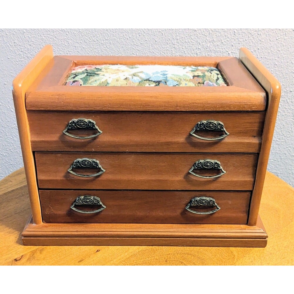 Vintage London Leather Wooden Needlepoint Jewelry Box Chest 3 Drawers Mirror